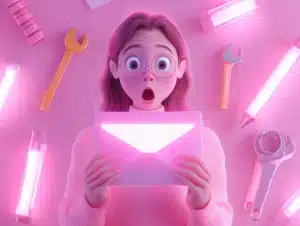 A pastel-colored illustration of a person looking surprised while holding an email with a visible error, surrounded by glowing tools like pencils and wrenches, symbolizing human mistakes and problem-solving