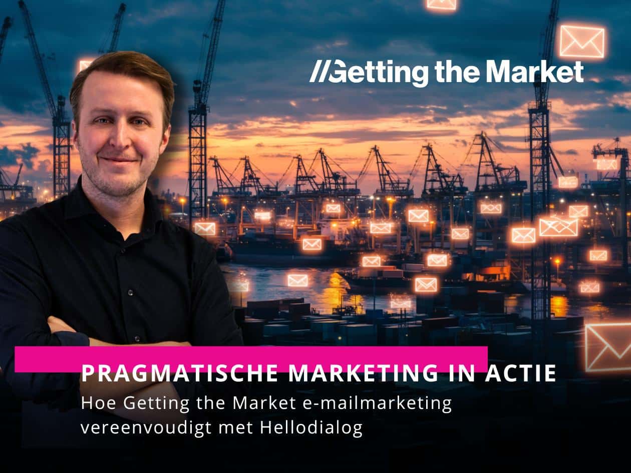 Portretfoto met een achtergrond en teksten "CASE STUDY" in een roze balk, "Pragmatische Marketing in Actie" en "Hoe Getting the Market e-mailmarketing vereenvoudigt met Hellodialog" in witte letters.