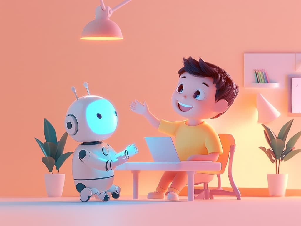 A cheerful 3D-animated character sitting at a pastel-colored desk, working on an email campaign with an AI-powered glowing assistant floating beside them, reviewing and refining content together, Pixar-inspired